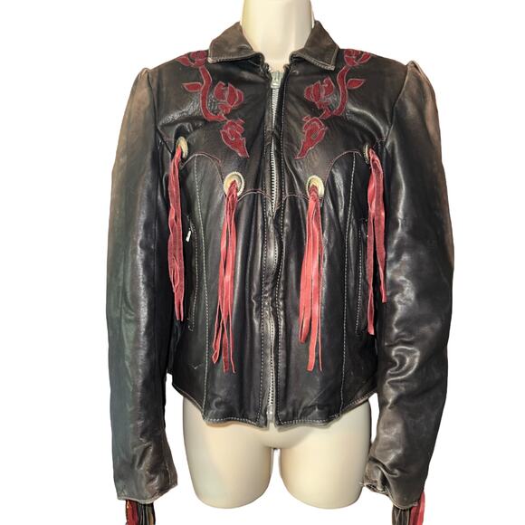 Vintage Dallas Leather Fringe Jacket Brown w/ Burgundy Rose Embroidery Size 10 - Picture 1 of 12